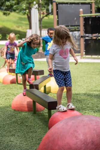 Kids crossing balance beam