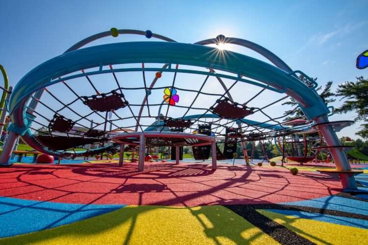 View from under net structure with colorful surfacing.