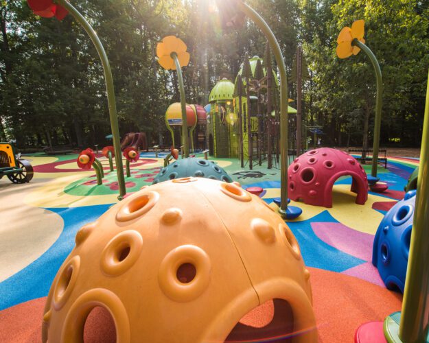 View of colorful playground structures.