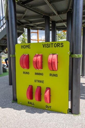 Interactive sports score panels at the Fields at RFK playground in Washington, DC, installed by Sparks at Play using LSI equipment.