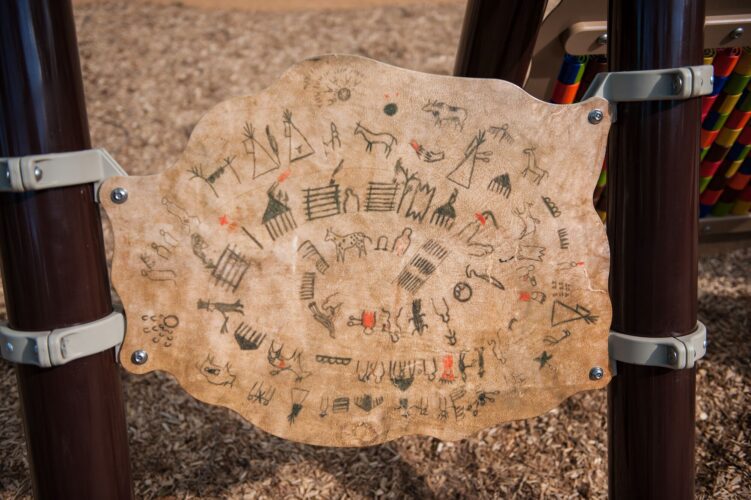 Custom panel with Native American symbols and artwork at the Indian Creek Playground in Berwyn Heights, MD, installed by Sparks at Play using LSI equipment.
