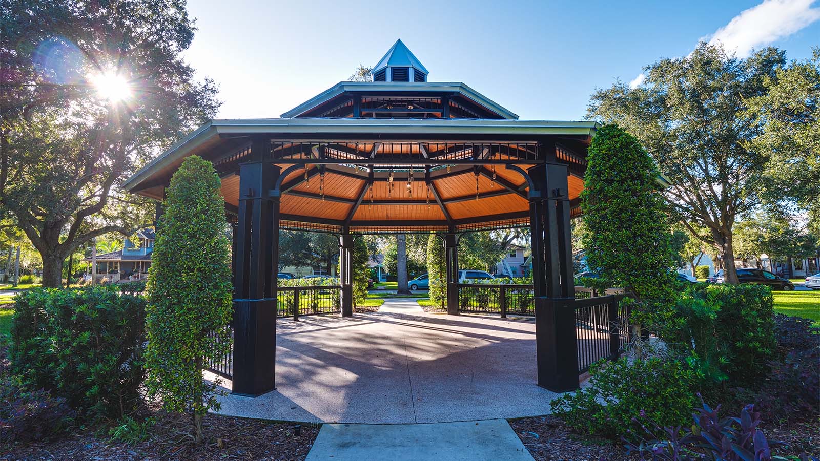 Pavillion with hexagon shaped roof.