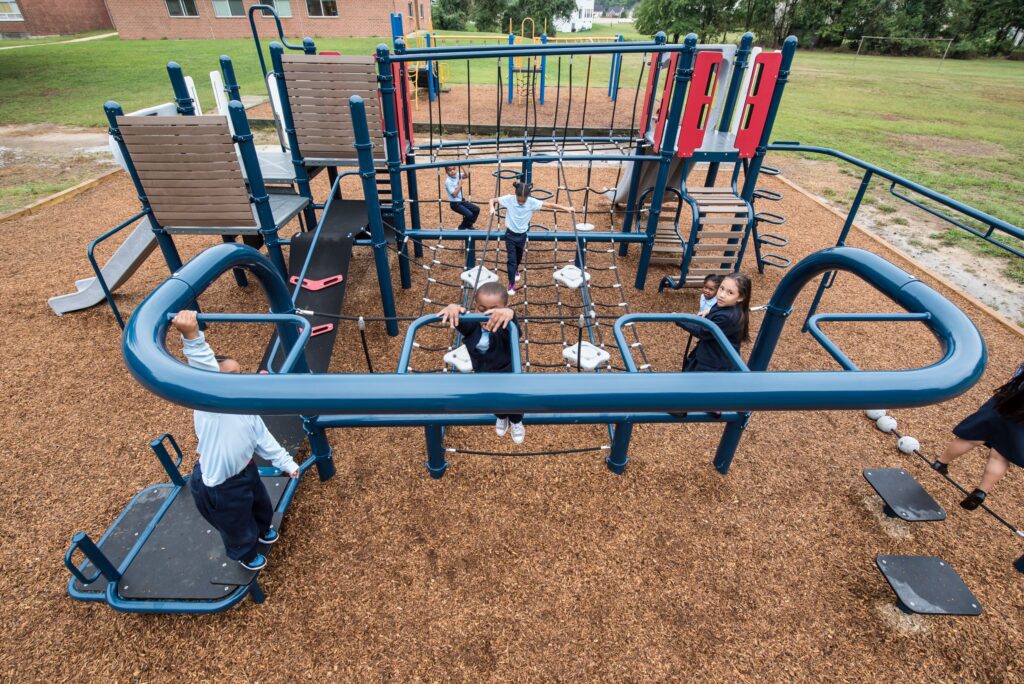 Overhead view of monkey bar section of playground equipment.