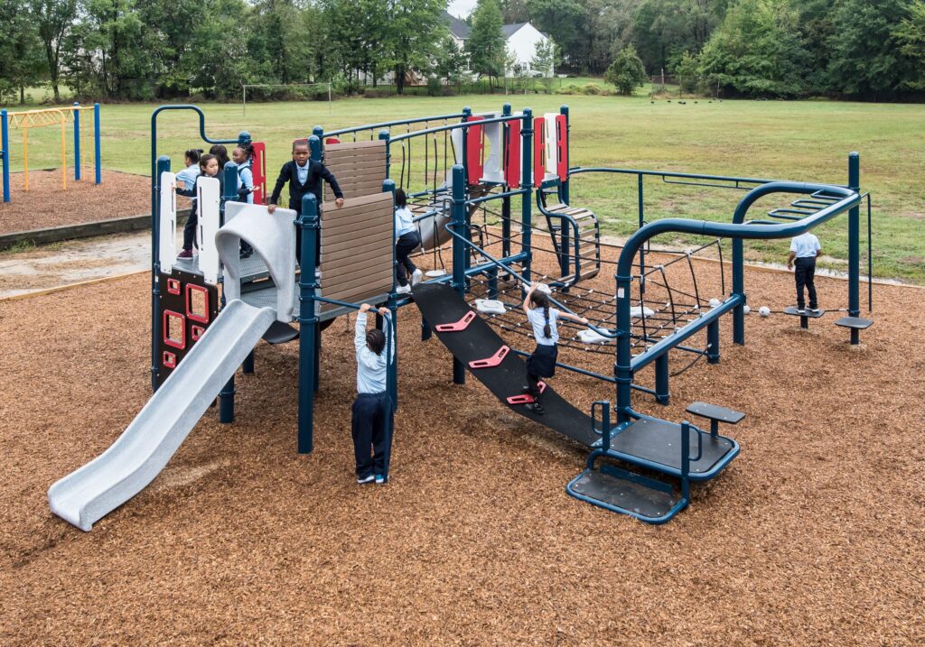 View of full free standing playground structure