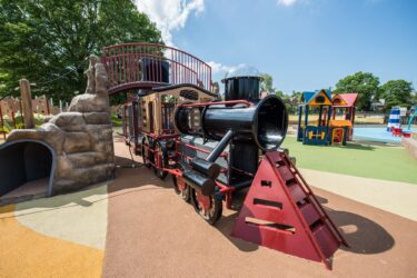 Custom Landscape Structures train play structure at Turkey Thicket Recreation Center playground Washington DC