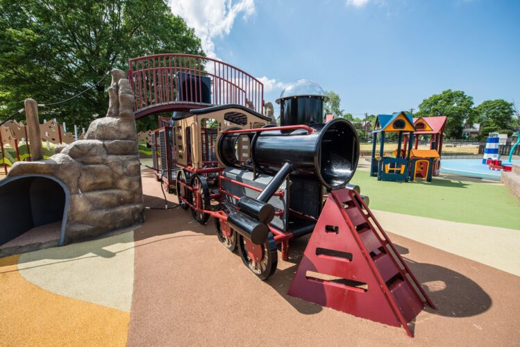 Custom Landscape Structures train play structure at Turkey Thicket Recreation Center playground Washington DC