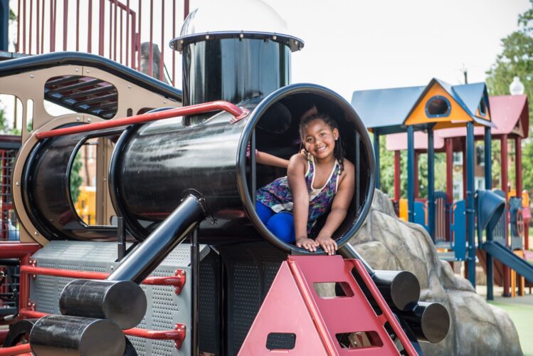 Custom Landscape Structures train play structure at Turkey Thicket Recreation Center playground Washington DC