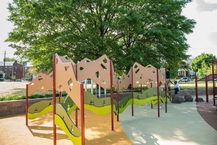 Custom mountain climbing panels at Turkey Thicket Recreation Center playground Washington DC Landscape Structures