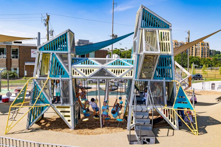 LSI Alpha Link® Towers at the Jennie Dean Park playground in Arlington, VA, featuring multiple climbing routes and fully enclosed tower for children ages 5 to 12, installed by Sparks at Play.