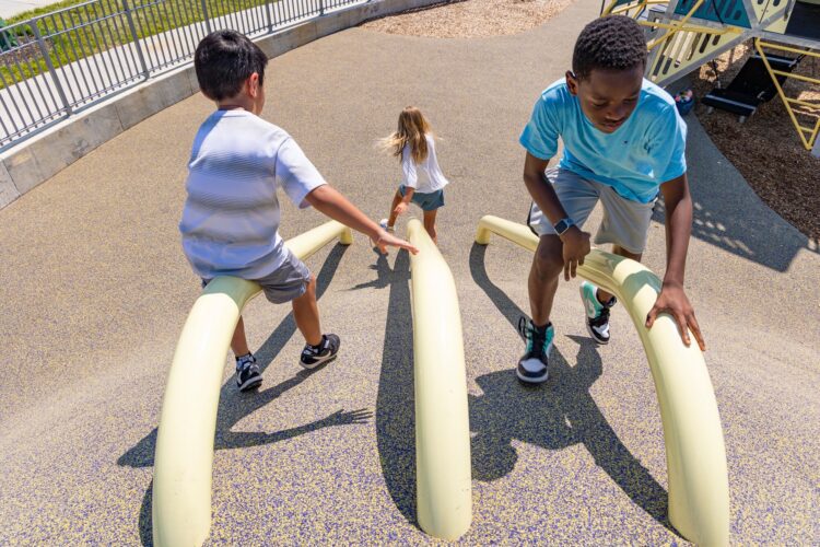 Children climbing up and down a hill using metal bar climbers at the Jennie Dean Park playground in Arlington, VA, installed by Sparks at Play using LSI equipment.