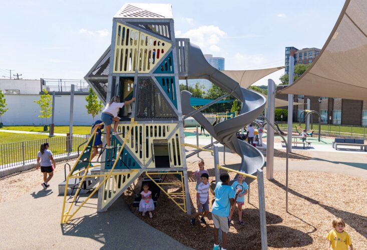LSI Alpha Link® Towers at the Jennie Dean Park playground in Arlington, VA, featuring multiple climbing routes and fully enclosed tower for children ages 5 to 12, installed by Sparks at Play.