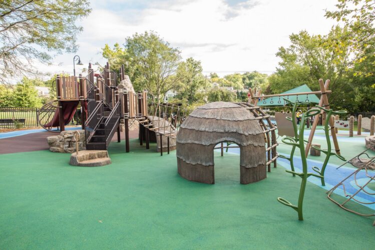 Overview of the Palisades Recreation Center playground in Washington, DC, featuring native-themed climbing structures, cargo-net bridges, and river-themed Poured-in-Place surfacing, installed by Sparks at Play using LSI equipment.