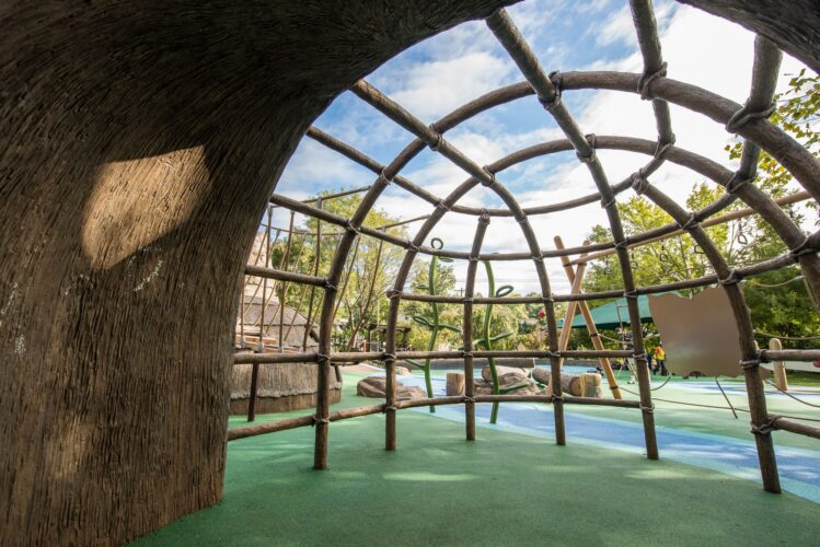 Interior view of the custom hut at the Palisades Recreation Center playground in Washington, DC, installed by Sparks at Play using LSI equipment.