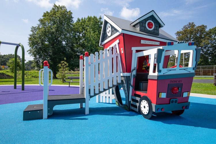 38th Ave Neighborhood Park red Smart Play Fire Station themed playhouse for toddlers and preschoolers in Hyattsville MD