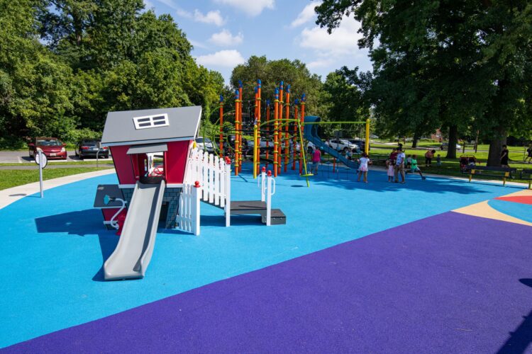 38th Ave Neighborhood Park red Smart Play Fire Station themed playhouse for toddlers and preschoolers in Hyattsville MD