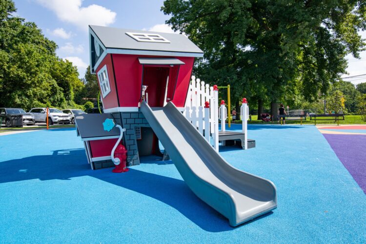 38th Ave Neighborhood Park red Smart Play Fire Station themed playhouse for toddlers and preschoolers in Hyattsville MD