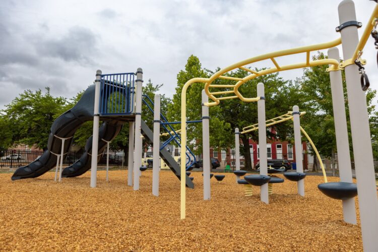 Overview of Franklin Square Elementary playground Baltimore MD KaBOOM Landscape Structures installation