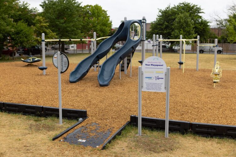 Overview of Franklin Square Elementary playground Baltimore MD KaBOOM Landscape Structures installation