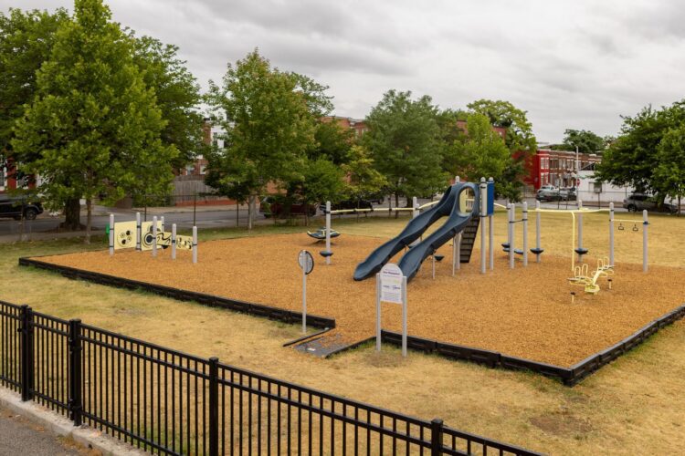 Overview of Franklin Square Elementary playground Baltimore MD KaBOOM Landscape Structures installation
