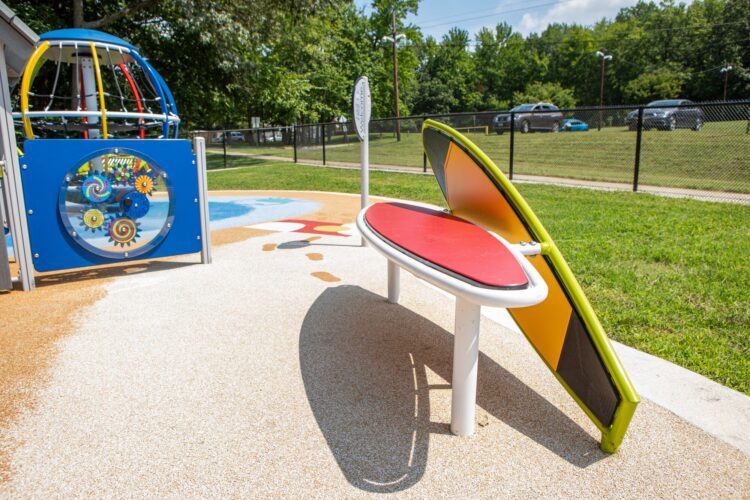 Custom surfboard bench at beach-themed playground J. Franklyn Bourne Park Capitol Heights MD