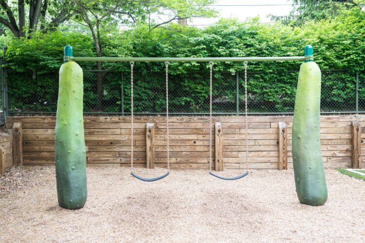 Custom pickle-themed swing set at the Prince George's County Childcare playground in Upper Marlboro, MD, installed by Sparks at Play using LSI equipment.