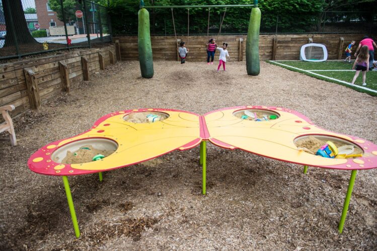Elevated sand table at the Prince George's County Childcare playground in Upper Marlboro, MD, designed for accessible sensory play for young children, installed by Sparks at Play using LSI equipment.