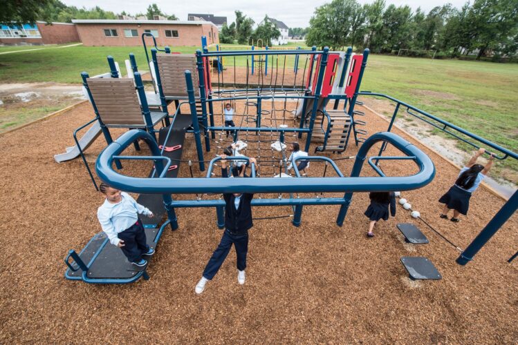 High overview of Landscape Structures Smart Play Venti at Princeton Elementary School playground Suitland MD