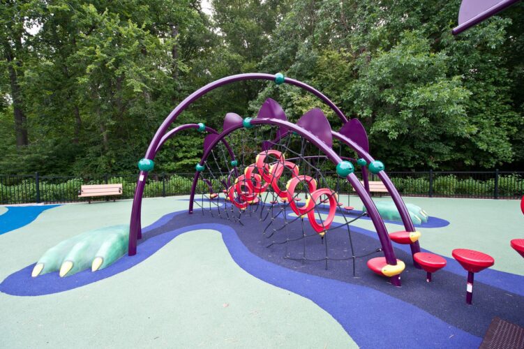 Full overview of the O-Zone® Climber forming part of the custom medieval dragon play structure at South Bowie Community Center in Bowie, MD, showcasing the serpentine body and climbing rings.