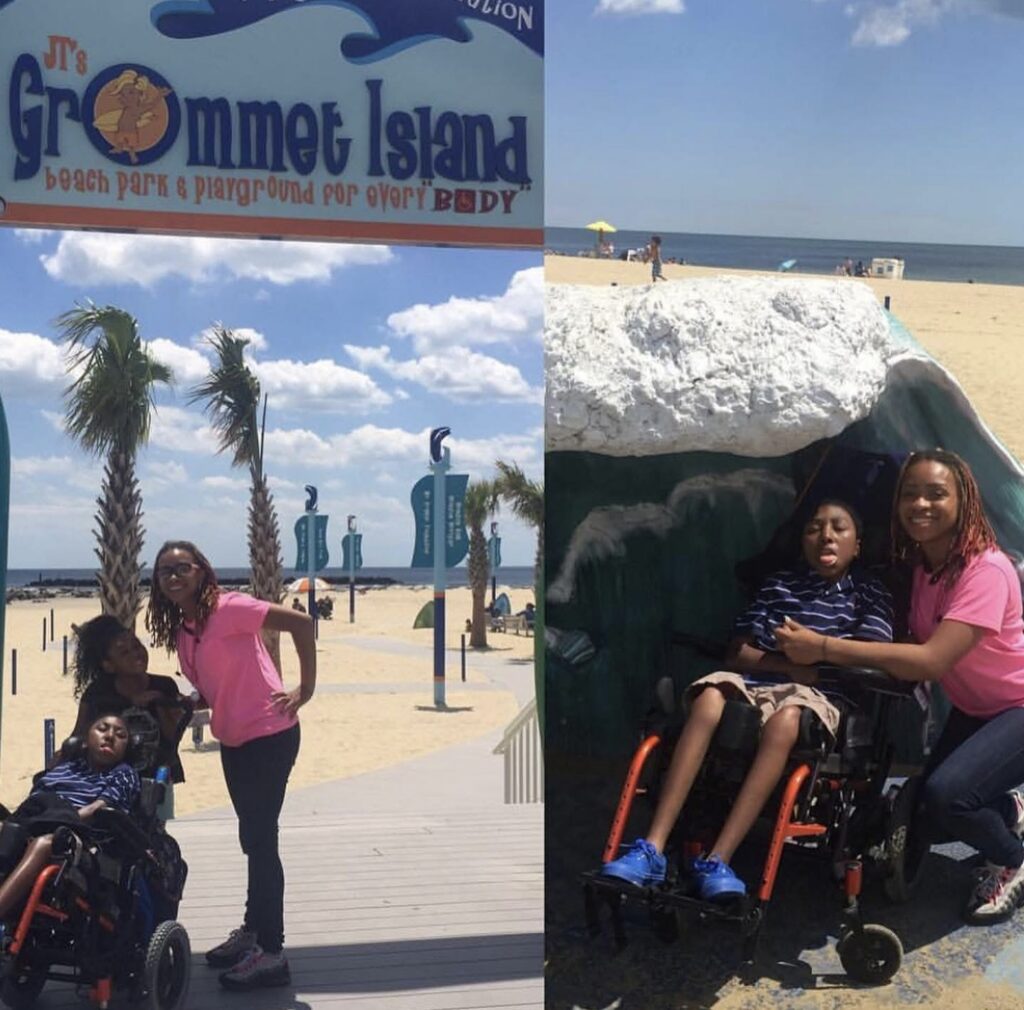 Ahmahry enjoying a day at the Grommet Island inclusive playground in Virginia Beach.